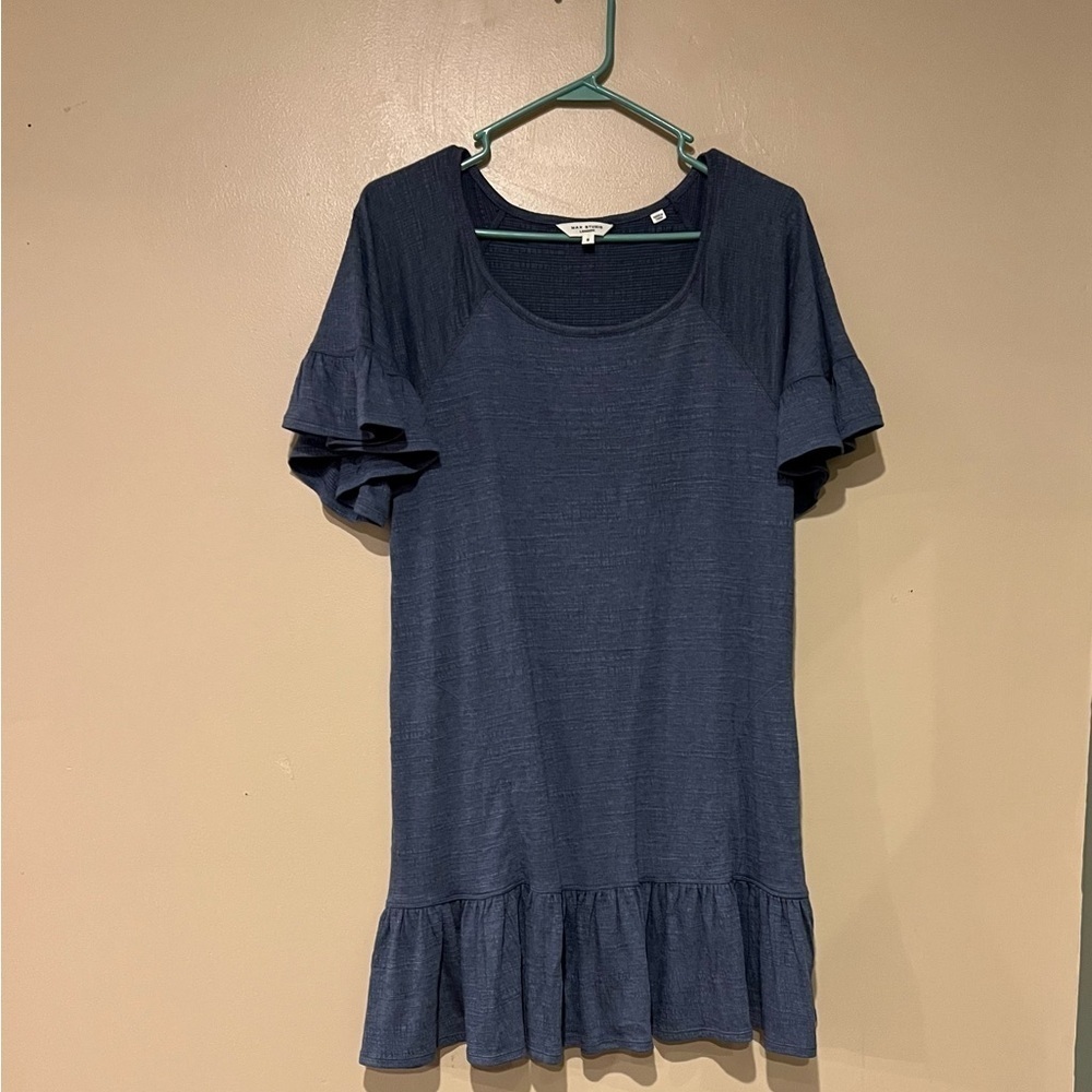 Max Studio Midi Dress Women's S Small Faded Blue Panel Short Sleeve V-Neck Midi